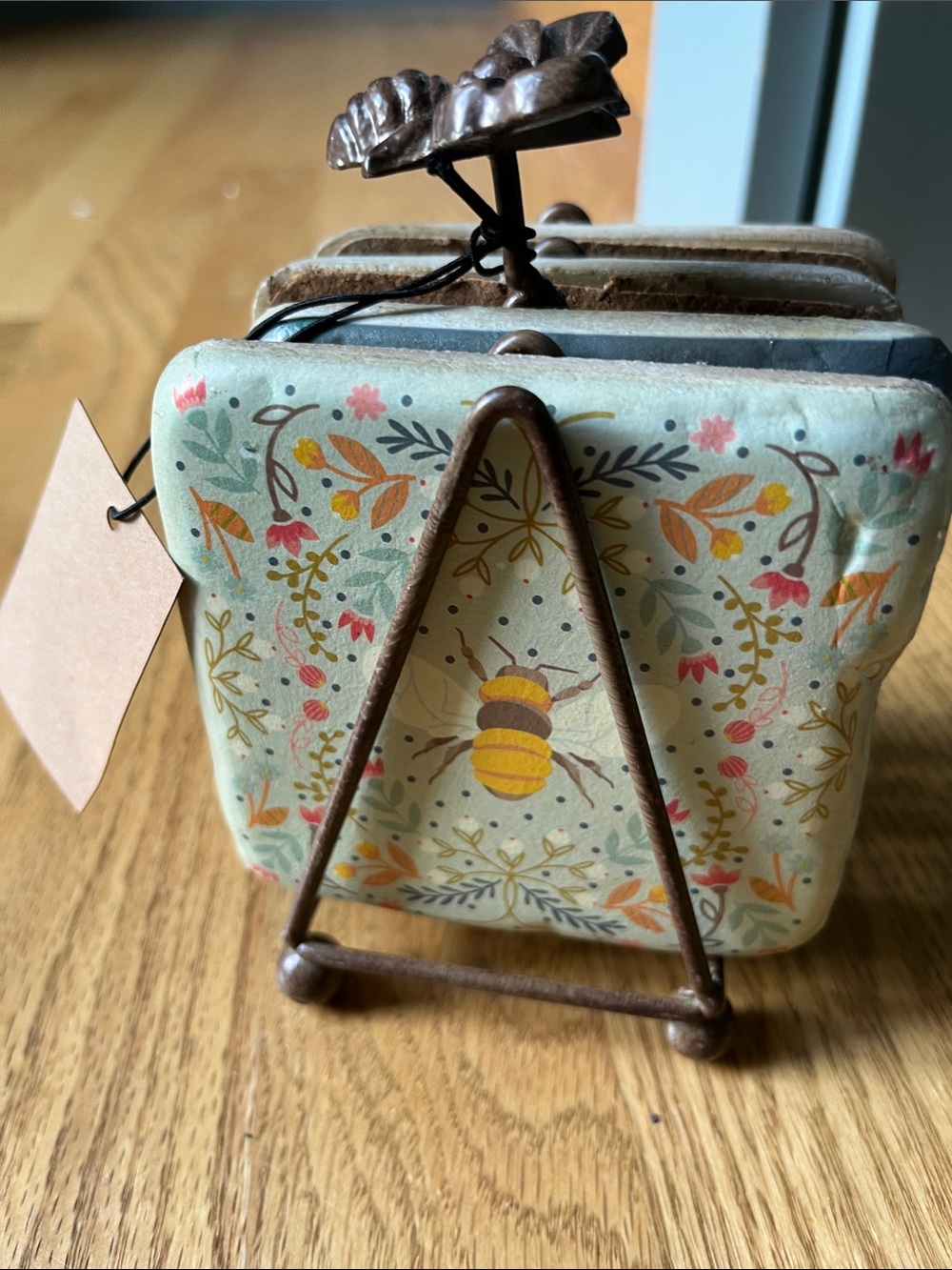 Creative Co-Op Mint Floral Bee Coaster Set with Stand